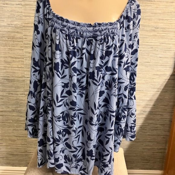 NEW DIRECTIONS-Size XL (14/16) Blue Floral Peasant Top-Bell Sleeve- Off Shoulder - Picture 1 of 12